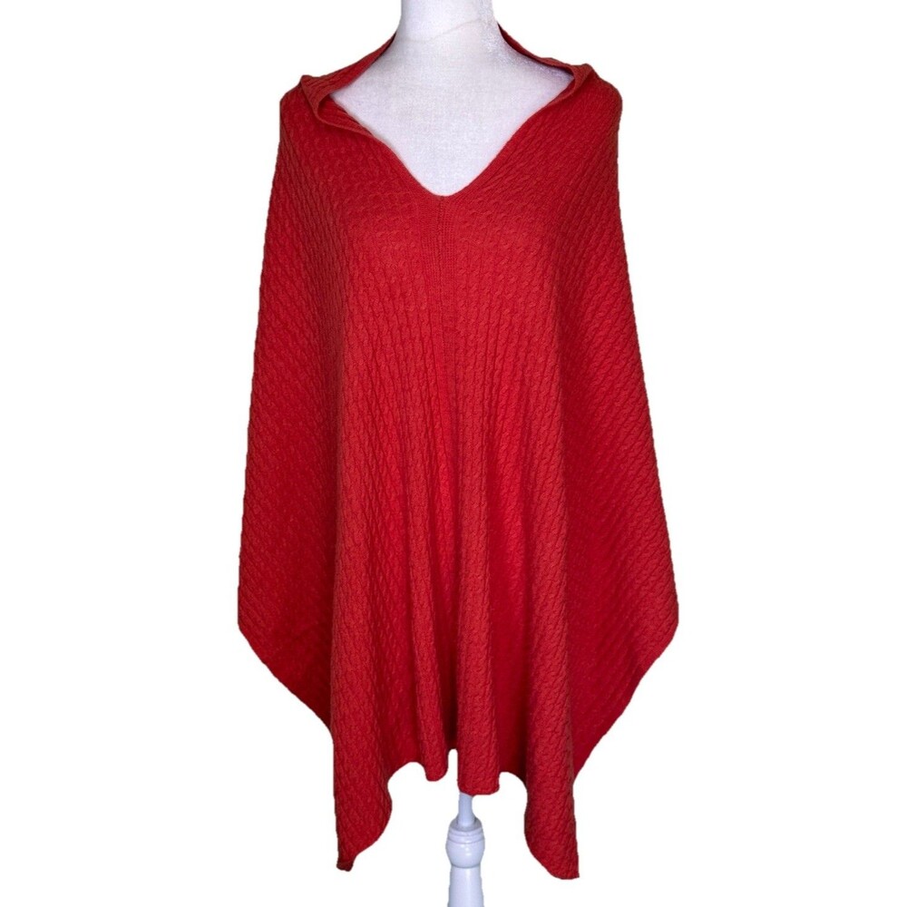 J Jill Earthy Orange Cable Knit Sweater Asymmetric Poncho Wrap Wool‎ Cashmere OS